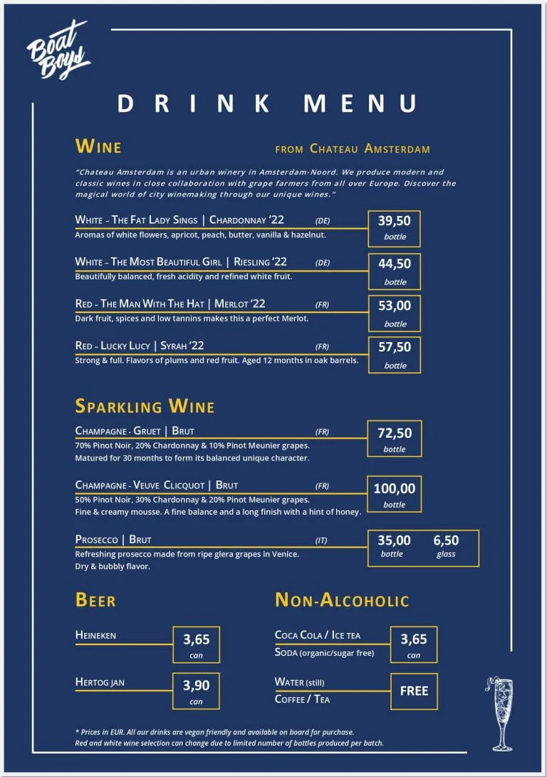 private canal cruise drink menu minibar