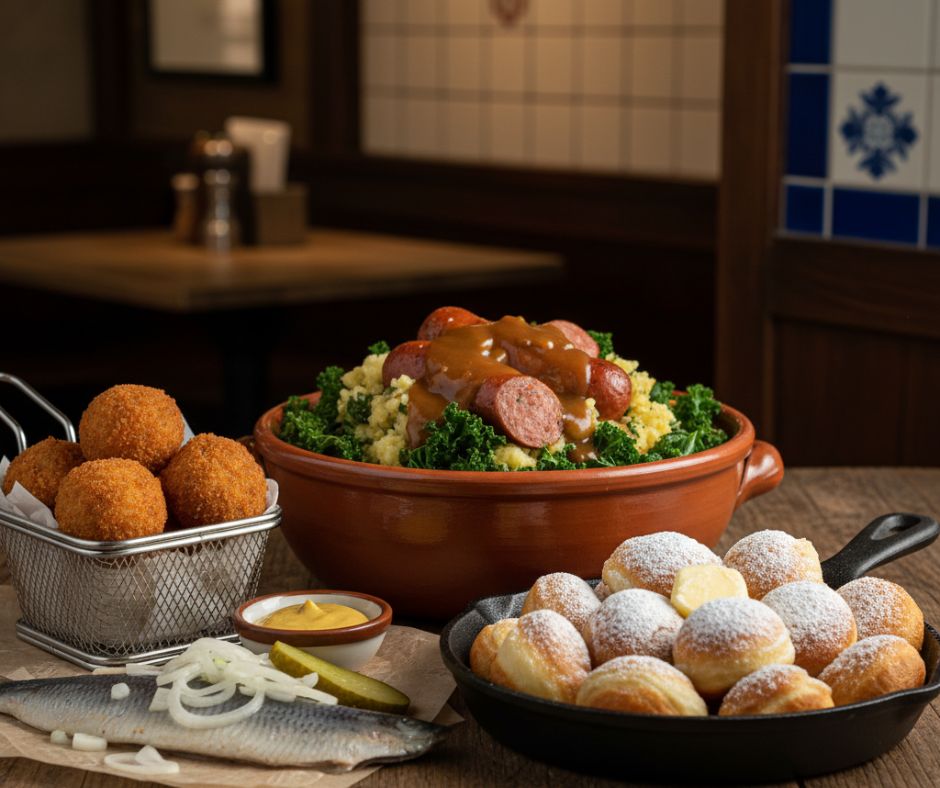 A rustic wooden table displays a feast of traditional Dutch dishes. In the center, a large terracotta bowl holds 'Stamppot,' a hearty mashed potato dish with kale and sliced smoked sausage, generously drizzled with gravy. To the left, a wire basket overflows with golden-brown 'Bitterballen,' deep-fried crispy meatballs, accompanied by a small bowl of mustard. In the foreground on the left, a whole 'Haring' (herring) fillet rests on parchment paper, garnished with sliced raw onions and a pickle. To the right, a black cast iron pan is filled with 'Poffertjes,' small fluffy pancakes dusted with powdered sugar and topped with a pat of butter. The background shows a dimly lit restaurant interior with wooden paneling and a tiled wall.