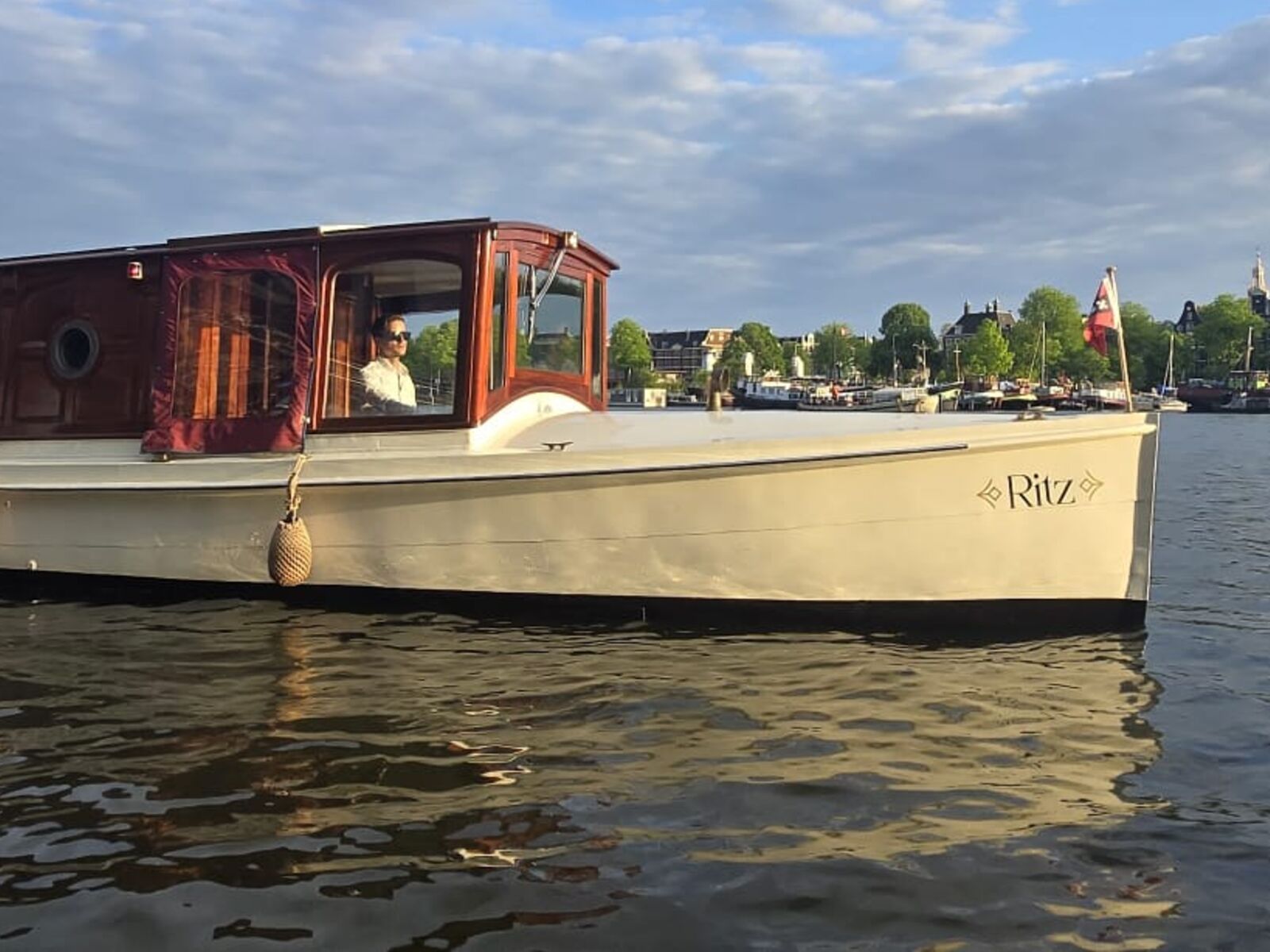 Ritz saloon boat mahogany cabin exterior, luxury private boat tour Amsterdam