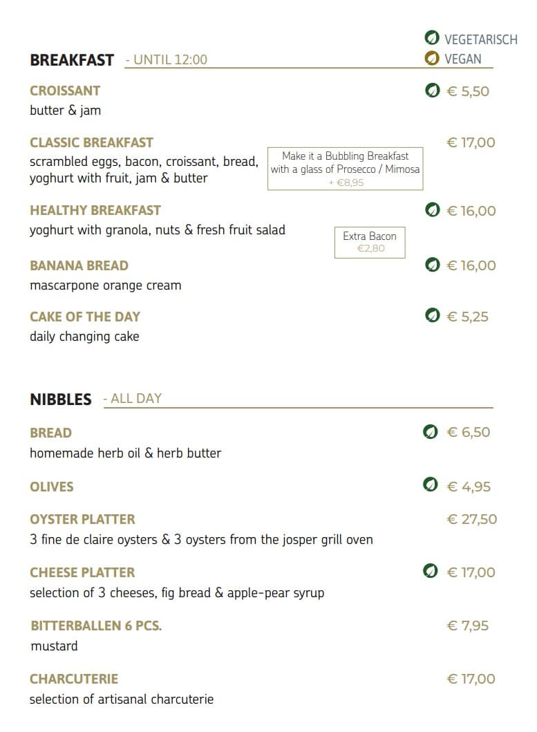 Vlees- en vegetarische opties van het ontbijtmenu, ontbijt Amsterdam